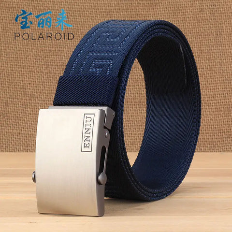 Men Nylon Canvas Belt Korean Buckle Navy Blue