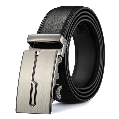 Men Black Leather Automatic Buckle Belt Business Style