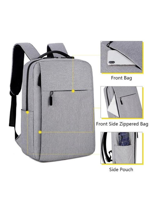 Grey Oxford Laptop Backpack with USB Charging & Media Pocket