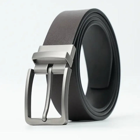 Men Leather Belt Black Matte Gun Rotating Pin Buckle