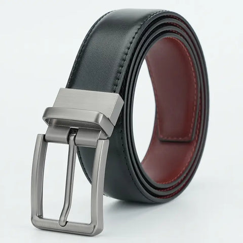 Men Leather Belt Black Matte Gun Rotating Pin Buckle