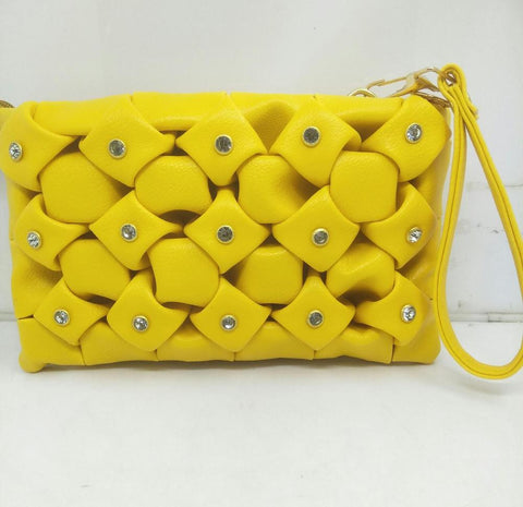 Yellow Woven Handbag with Rhinestones & Adjustable Strap