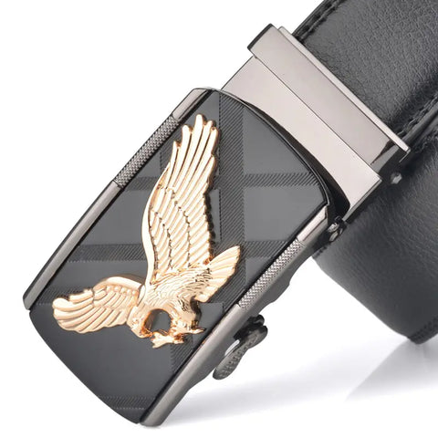 Men Eagle Leather Automatic Buckle Belt Black Gold