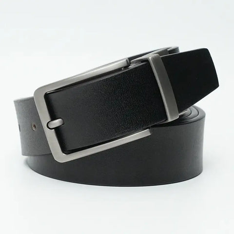 Men Leather Belt Black Matte Gun Rotating Pin Buckle