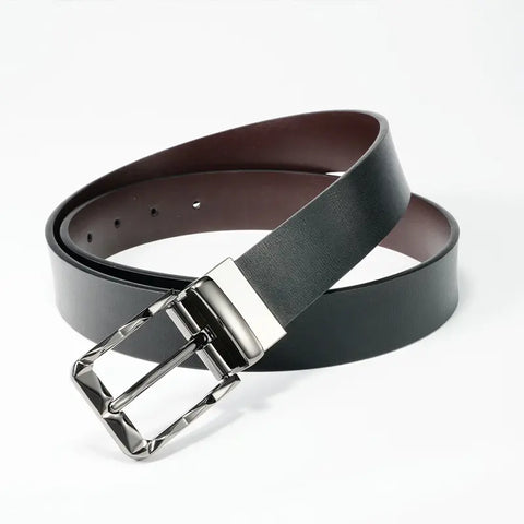 Men Black Cowhide Belt with Rotatable Pin Buckle