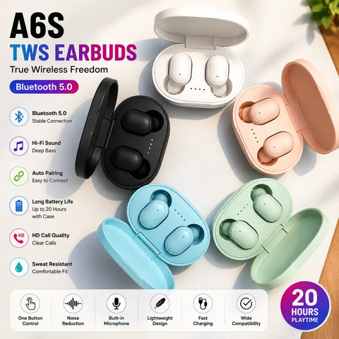 A6S TWS Wireless Earbuds – Bluetooth 5.0 HiFi Stereo Earphones with Charging Case