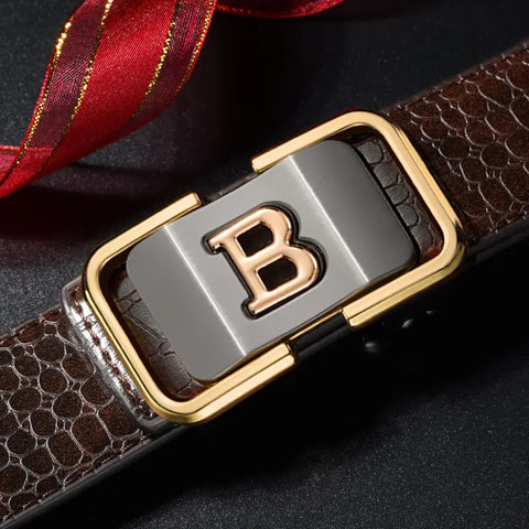 Men's Automatic Buckle Leather Belt Brown Gold