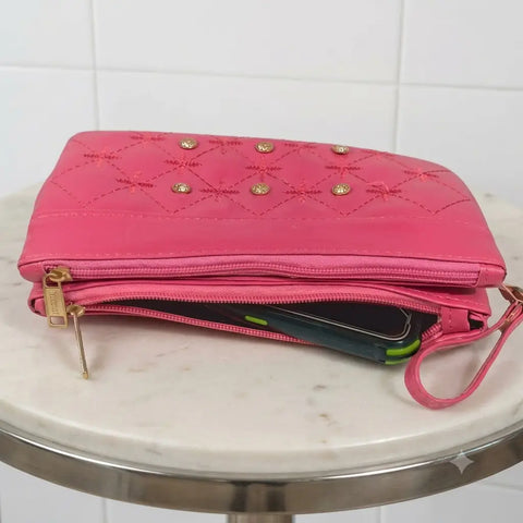 Women's PU Leather Embroidered Clutch With Wrist Strap