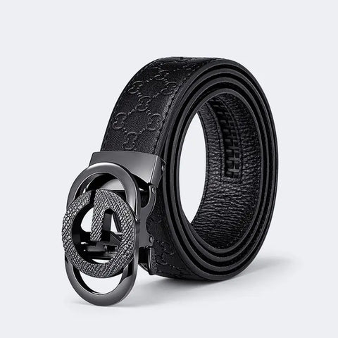 Cowhide Men Black Embossed Automatic Belt Premium Cowhide Casual