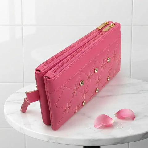 Women's PU Leather Embroidered Clutch With Wrist Strap