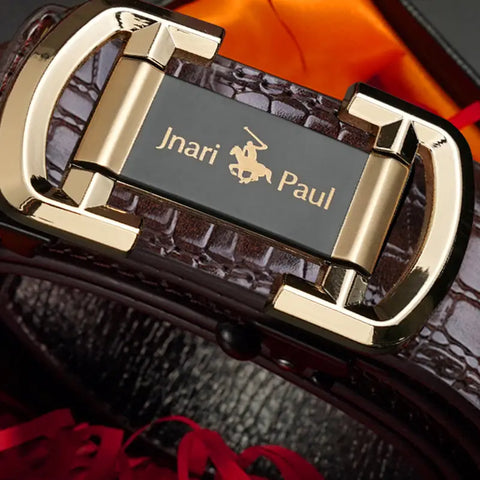 Men Retro Leather Belt with Gold Automatic Buckle Brown Black