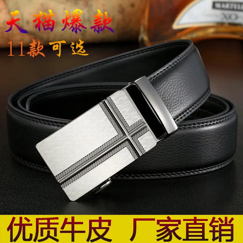 Men Black Leather Automatic Buckle Belt Business Style
