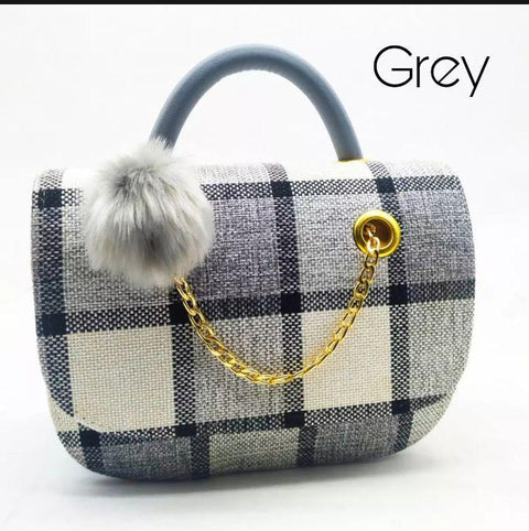 Jute Plaid Shoulder Bag Red Pom Pom Gold Chain