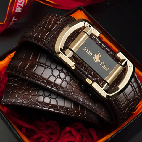 Men Retro Leather Belt with Gold Automatic Buckle Brown Black