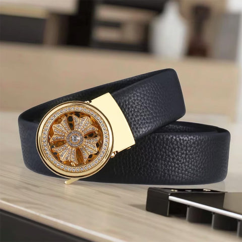 *Product Name*: Men's Black Leather Belt with Gold Rotating Buckle