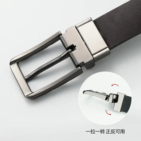 Men Black Cowhide Belt with Rotatable Pin Buckle