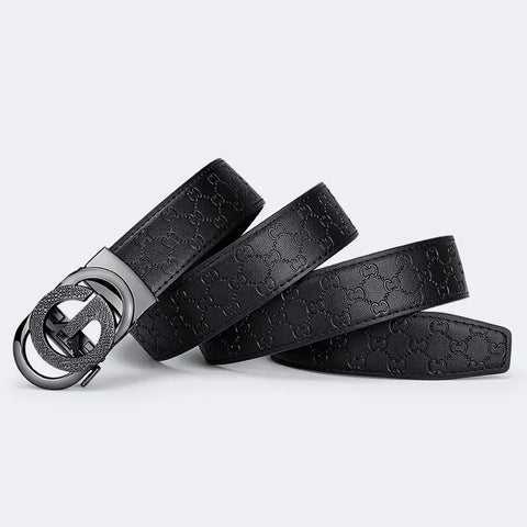 Cowhide Men Black Embossed Automatic Belt Premium Cowhide Casual