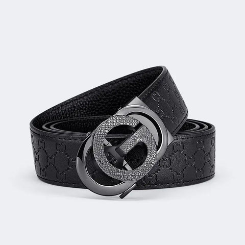 Cowhide Men Black Embossed Automatic Belt Premium Cowhide Casual