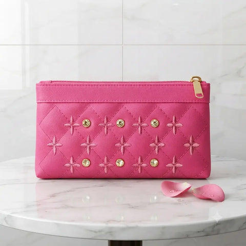 Women's PU Leather Embroidered Clutch With Wrist Strap