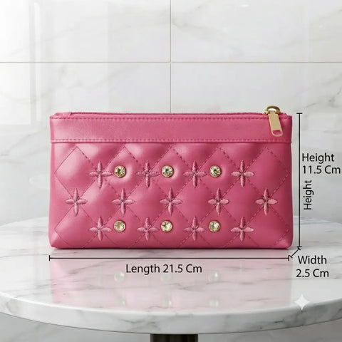 Women's PU Leather Embroidered Clutch With Wrist Strap