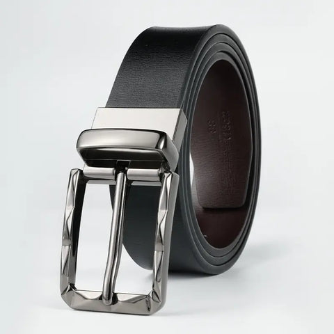 Men Black Cowhide Belt with Rotatable Pin Buckle