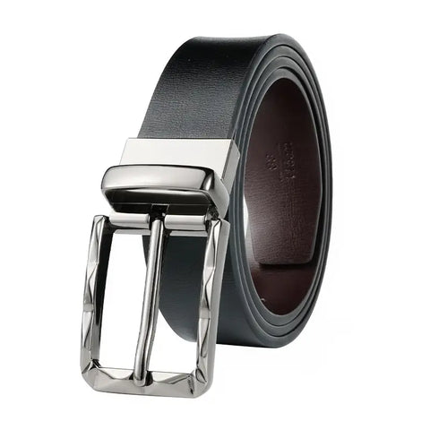 Men Black Cowhide Belt with Rotatable Pin Buckle