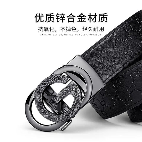Cowhide Men Black Embossed Automatic Belt Premium Cowhide Casual