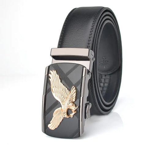 Men Eagle Leather Automatic Buckle Belt Black Gold