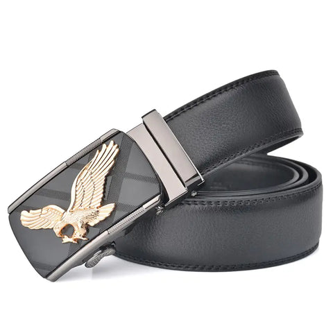 Men Eagle Leather Automatic Buckle Belt Black Gold