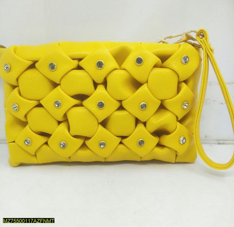 Yellow Woven Handbag with Rhinestones & Adjustable Strap